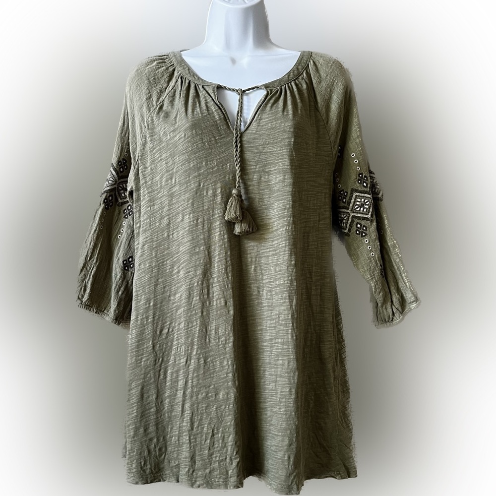 J jill embroidered puff sleeve peasant boho hippie blouse tunic S slub cotton
